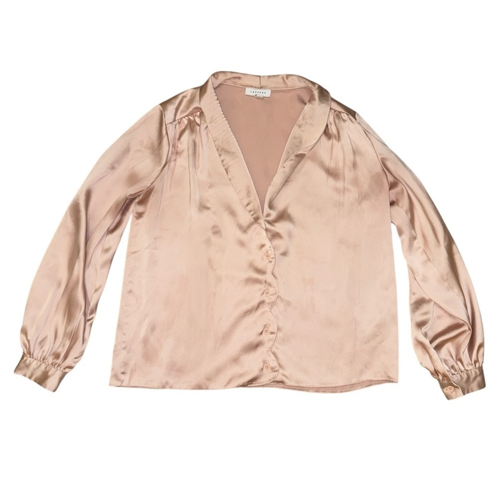 Topshop light pink satin scallop hem long sleeve blouse women’s size 8